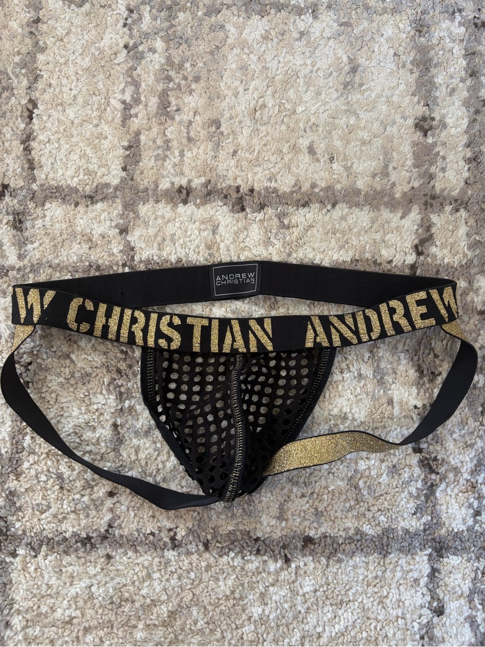 Andrew Christian Black Mesh Jock with Gold Logo Waistband